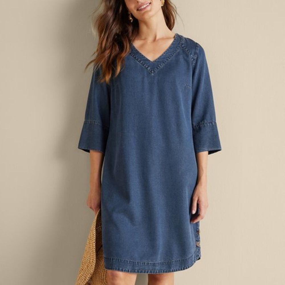 Soft Surroundings 100% Tencel Lyocell Denim Blue Positano Getaway Dress Small